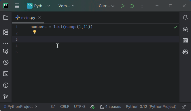 Ukážka automatického doplnenia for cyklu v PyCharme - Základné konštrukcie jazyka Python