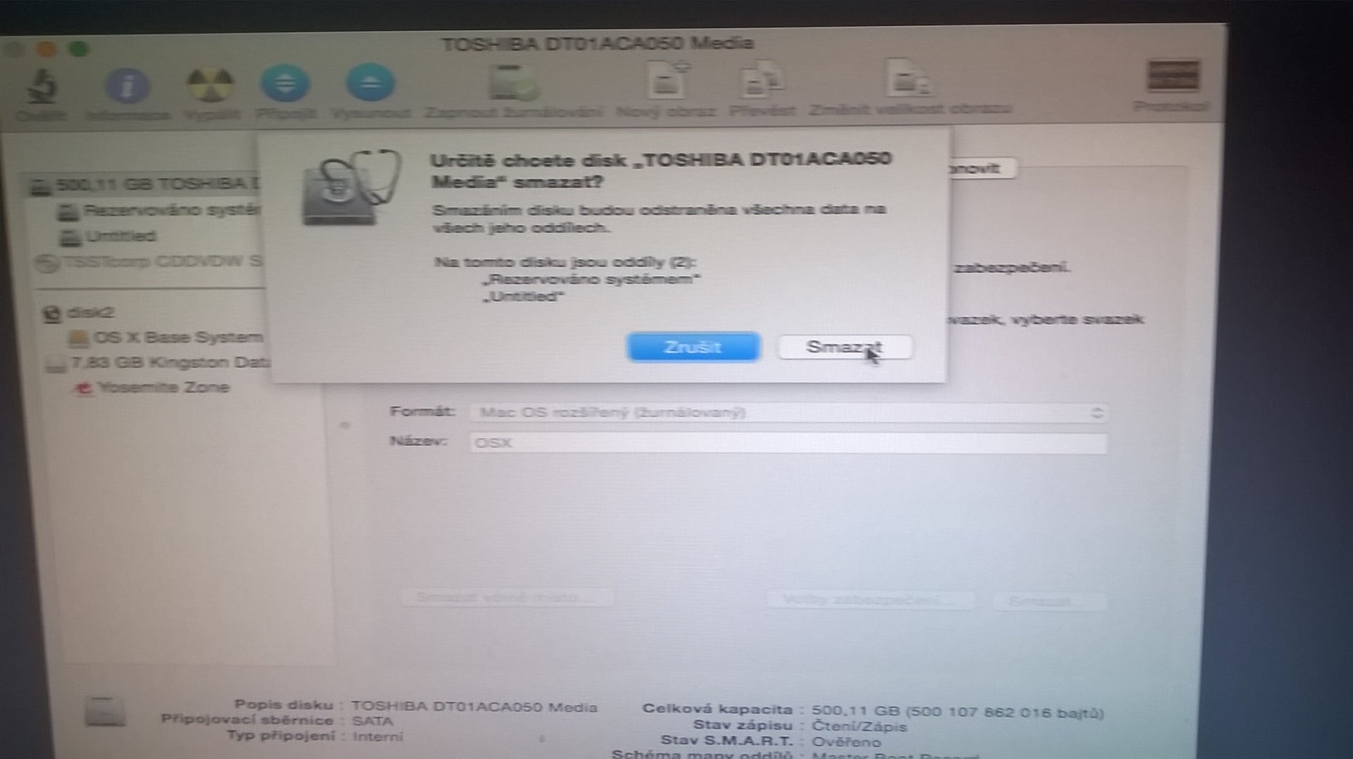 Hackintosh – potvrdením zmazanie oddielu - Softvér