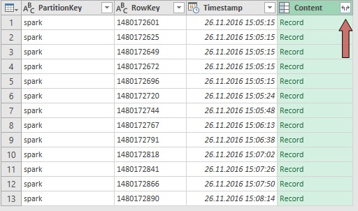 Table Storage in excel add content - Microsoft Azure a IoT