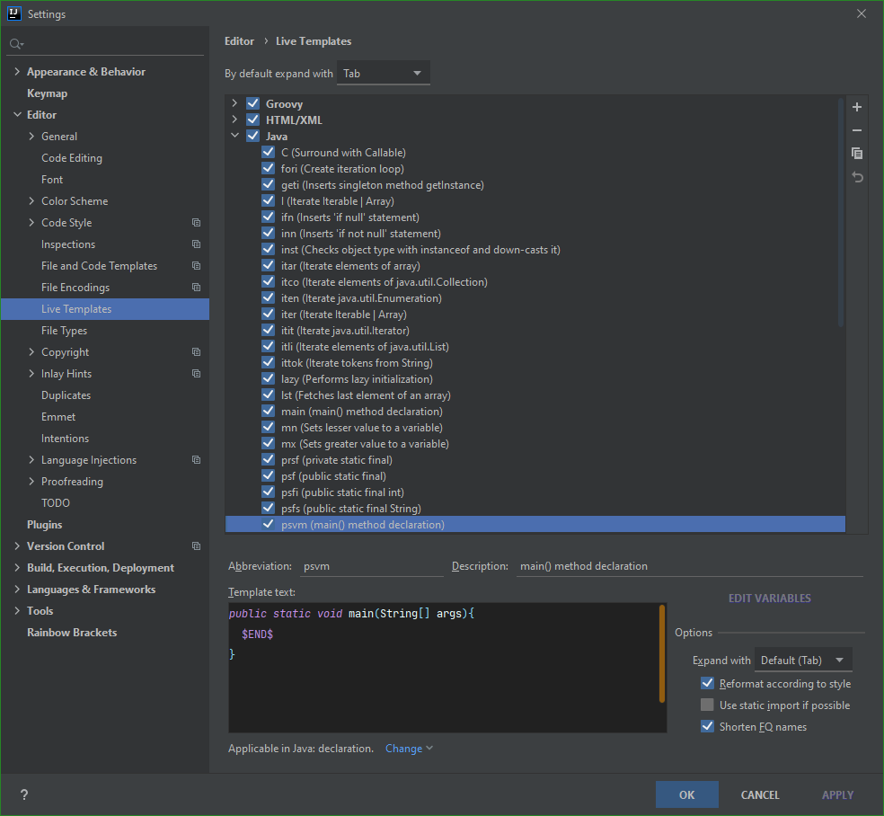 Live templates v IntelliJ IDEA - IntelliJ IDEA / NetBeans / Eclipse - Pokročilá práce