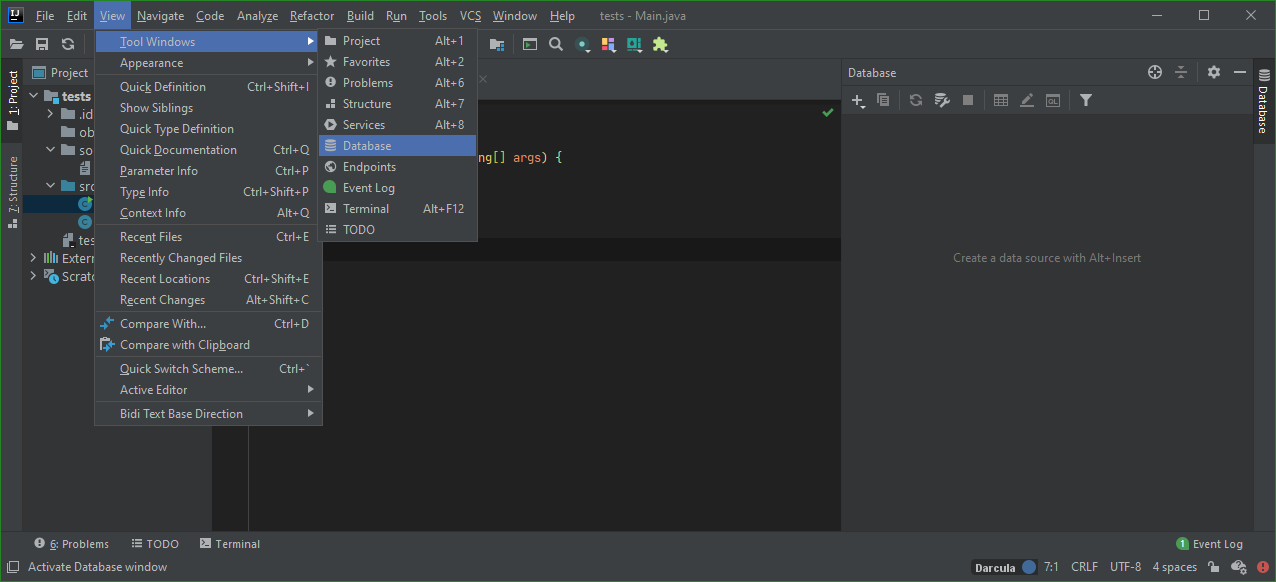 Zobrazenie záložky „Database“ v IntelliJ IDEA - IntelliJ IDEA / NetBeans / Eclipse - Pokročilá práce