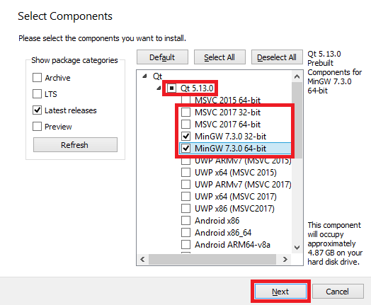 Výber komponentov v inštalátora Qt frameworku pre C ++ - Qt - Okenné / formulárové aplikácie v C ++