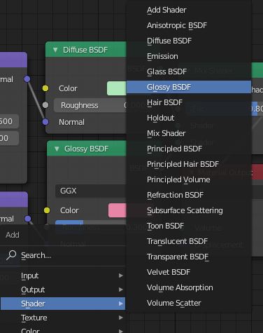 Pridanie a výber shader - Blender