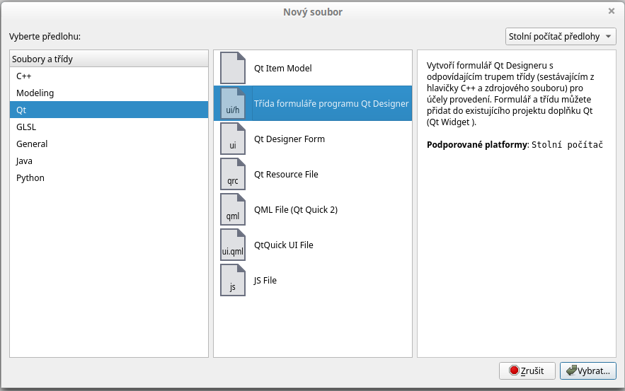 Založenie novej triedy formuláre Qt designer