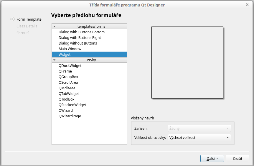 Voľba formuláre typu Qt widget