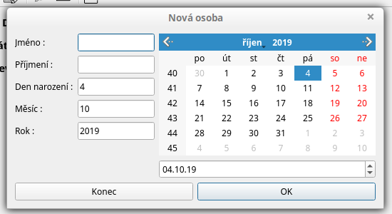 Výsledný dialóg Qt aplikácie pre upomínania narodenín