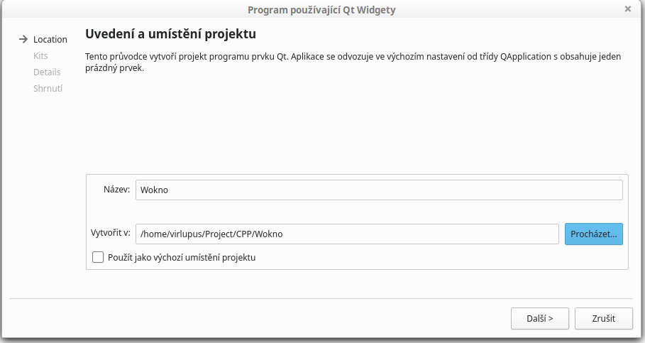 Výber umiestnenia nového projektu v Qt Creator - Qt - Okenné / formulárové aplikácie v C ++