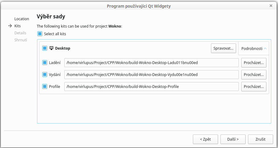 Výber sady pre založenie nového Qt projektu pre C ++ - Qt - Okenné / formulárové aplikácie v C ++