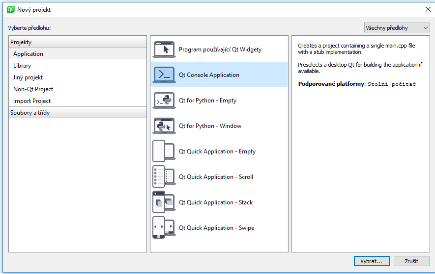 Typ aplikácie alebo projektu - Databázy v C ++ pomocou Qt SQL