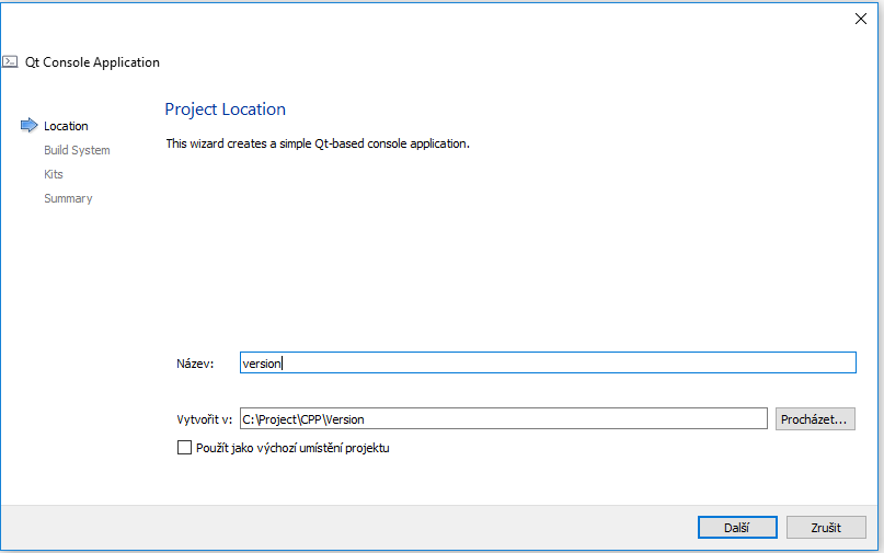 Názov a lokácie Qt konzolového projektu - Qt - Okenné / formulárové aplikácie v C ++