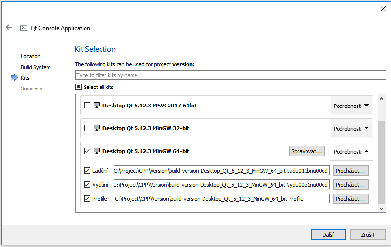 Výber sady pre konzolový Qt projekt - Qt - Okenné / formulárové aplikácie v C ++