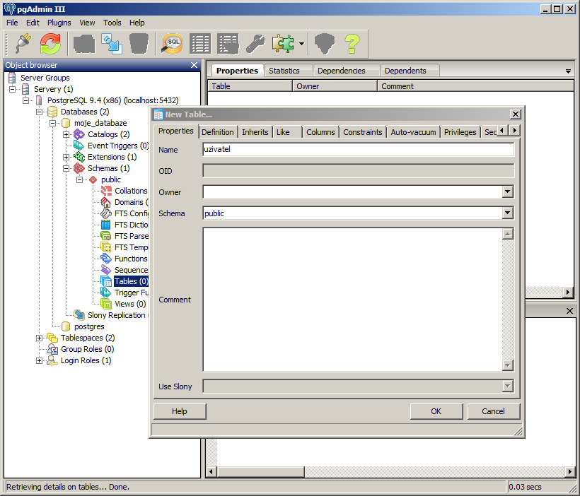 Vytvorenie novej PostgreSQL tabuľky pomocou pgAdmin - PostgreSQL databázy krok za krokom