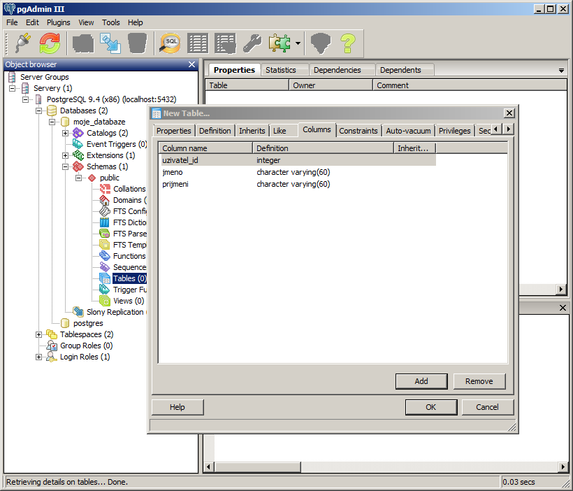 Stĺpce tabuľky v pgAdmin - PostgreSQL databázy krok za krokom