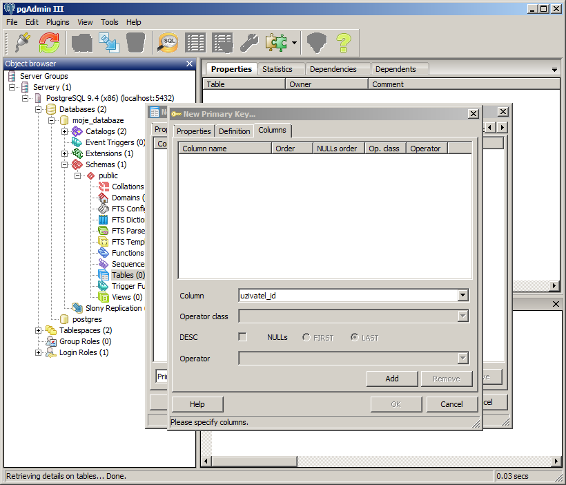 Výber stĺpce pre primárny kľúč v pgAdmin - PostgreSQL databázy krok za krokom
