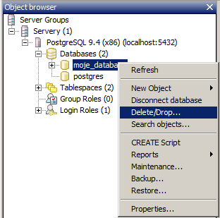 Odstránenie PostgreSQL databázy v pgAdmin - PostgreSQL databázy krok za krokom