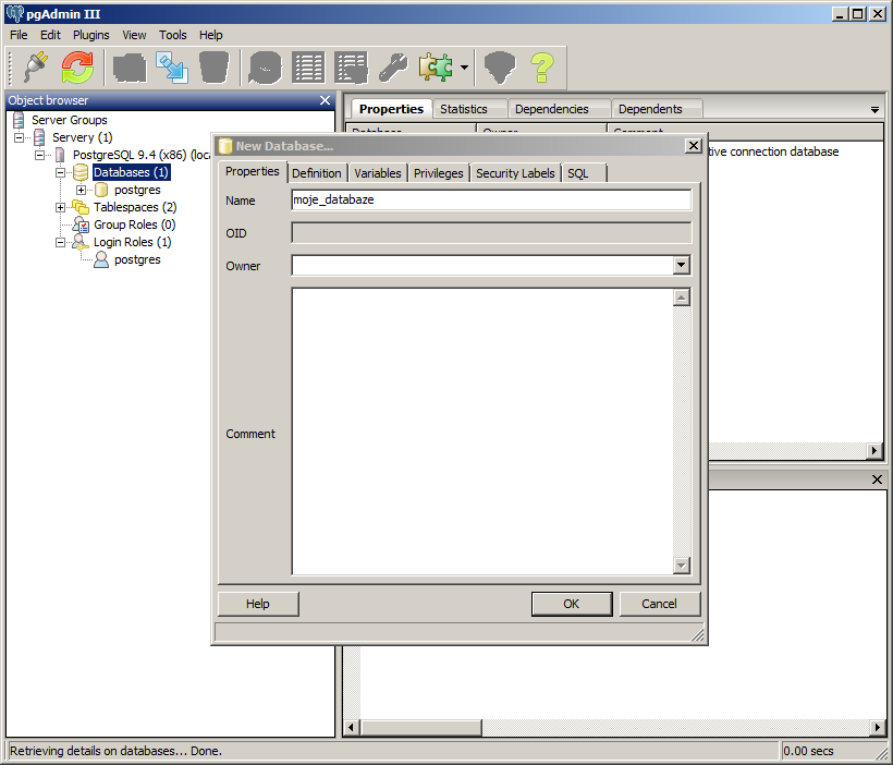 Názov novej databázy v pgAdmin - PostgreSQL databázy krok za krokom