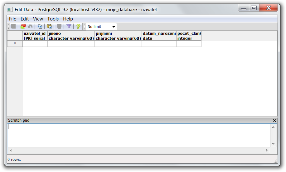 prázdna databázy - PostgreSQL databázy krok za krokom