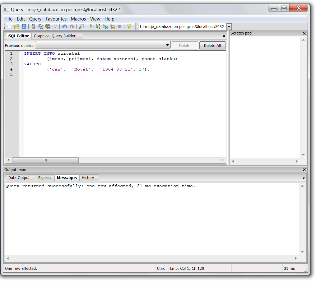 Spustenie dotazu INSERT v pgAdmin - PostgreSQL databázy krok za krokom