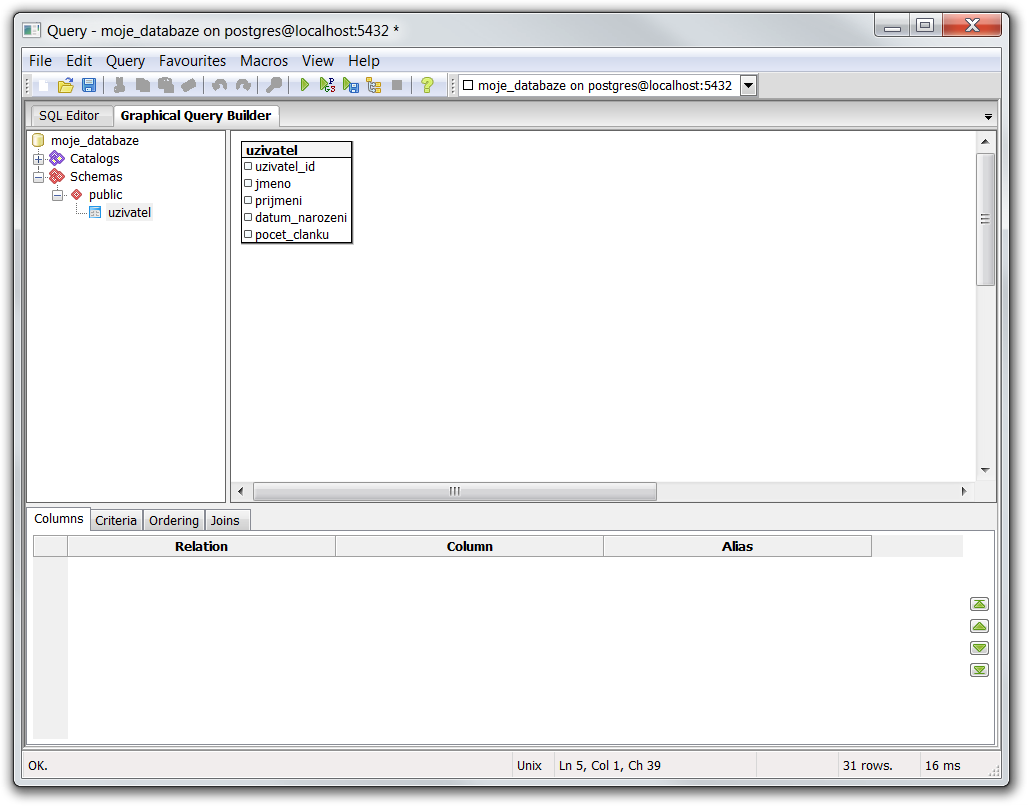 PostgreSQL Graphical Query Builder - PostgreSQL databázy krok za krokom