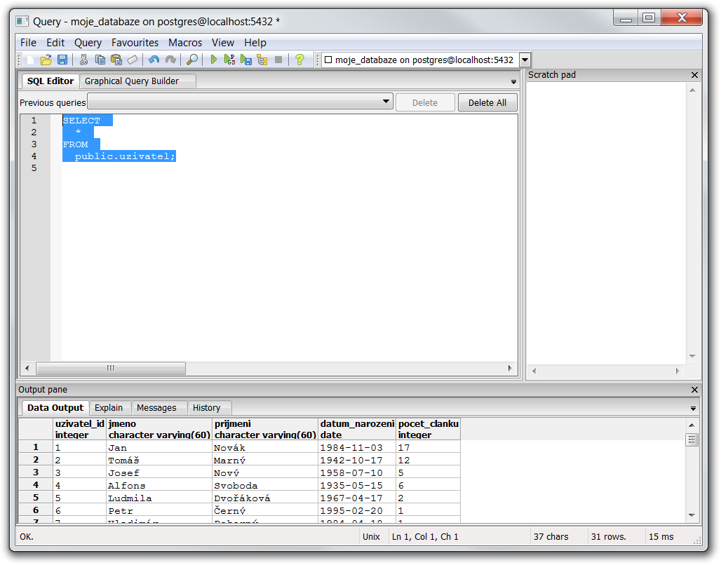 Výber všetkých užívateľov v tabuľke - PostgreSQL databázy krok za krokom