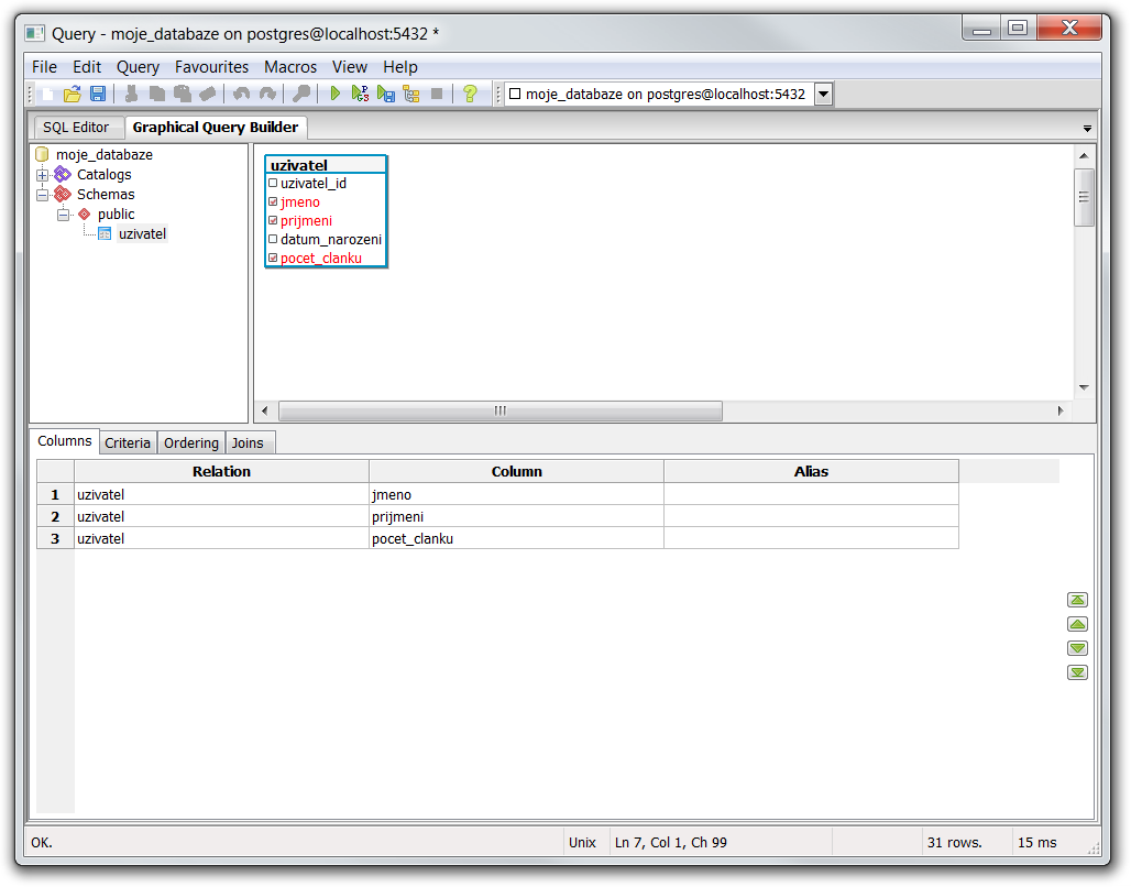 Výber len určitých stĺpcov v pgAdmin - PostgreSQL databázy krok za krokom
