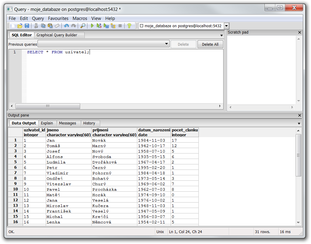 Výber všetkých stĺpcov z PostgreSQL tabuľky v pgAdmin - PostgreSQL databázy krok za krokom