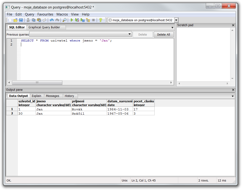 Výber všetkých Janů - PostgreSQL databázy krok za krokom