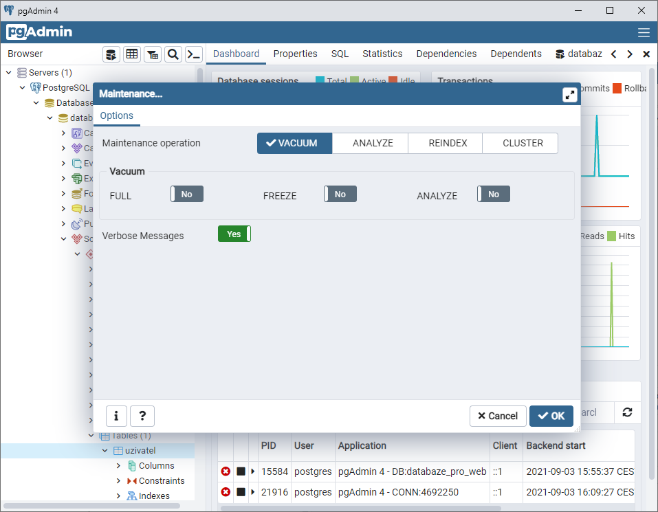 pgAdmin vacuum - PostgreSQL databázy krok za krokom