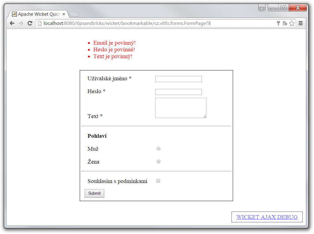 formulár s výpisom do FeedbackPanel - Tipy a triky pre Wicket
