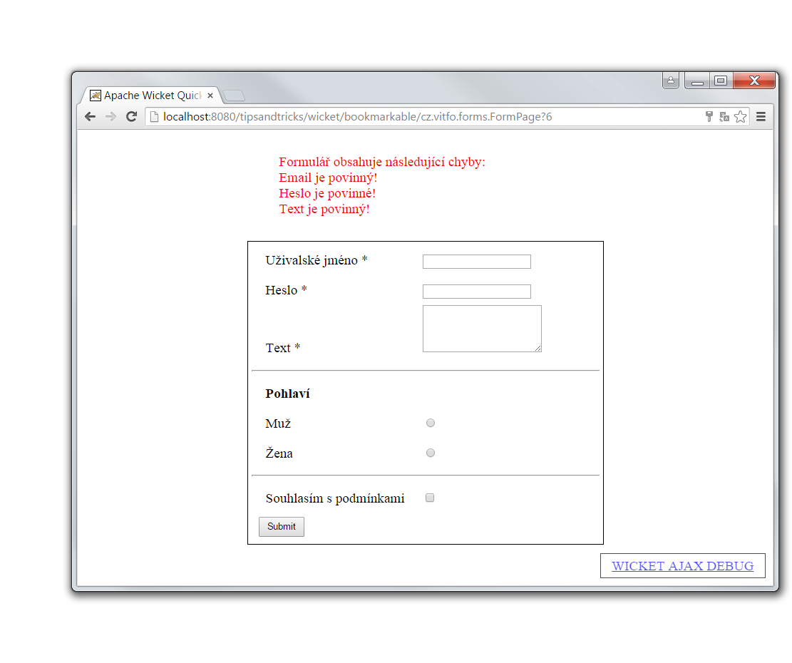 formulár - Tipy a triky pre Wicket