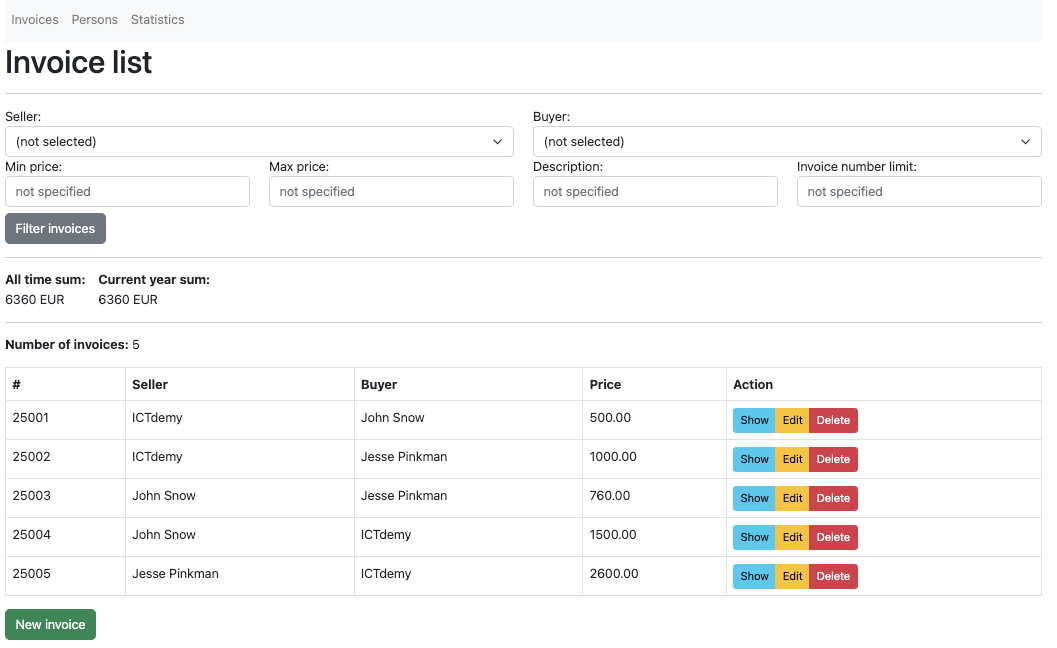Zoznam faktúr v databáze faktúr - Testovanie softvéru