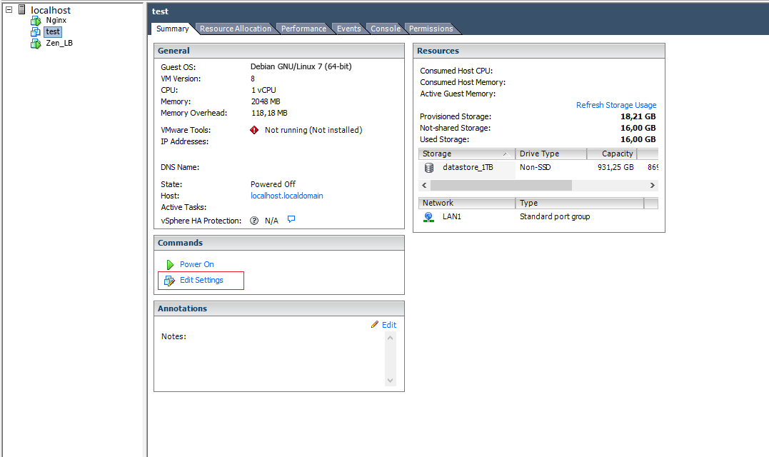 Editácia virtuálneho servera v VMware vSphere Client