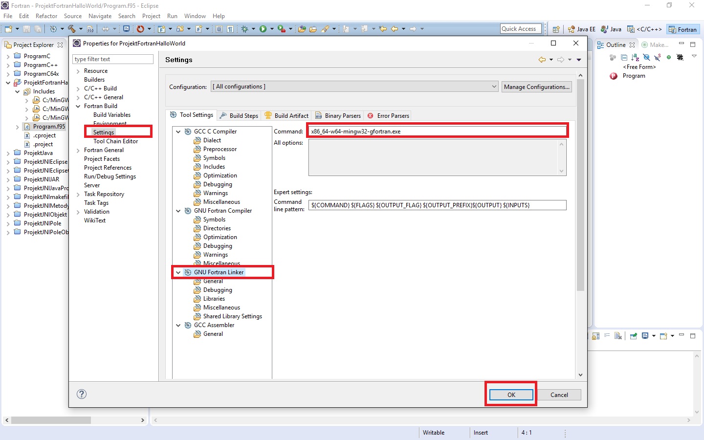 Nastaveni linker pre Fortran v Eclipse - Ďalšie vývojové nástroje pre tvorbu aplikácií