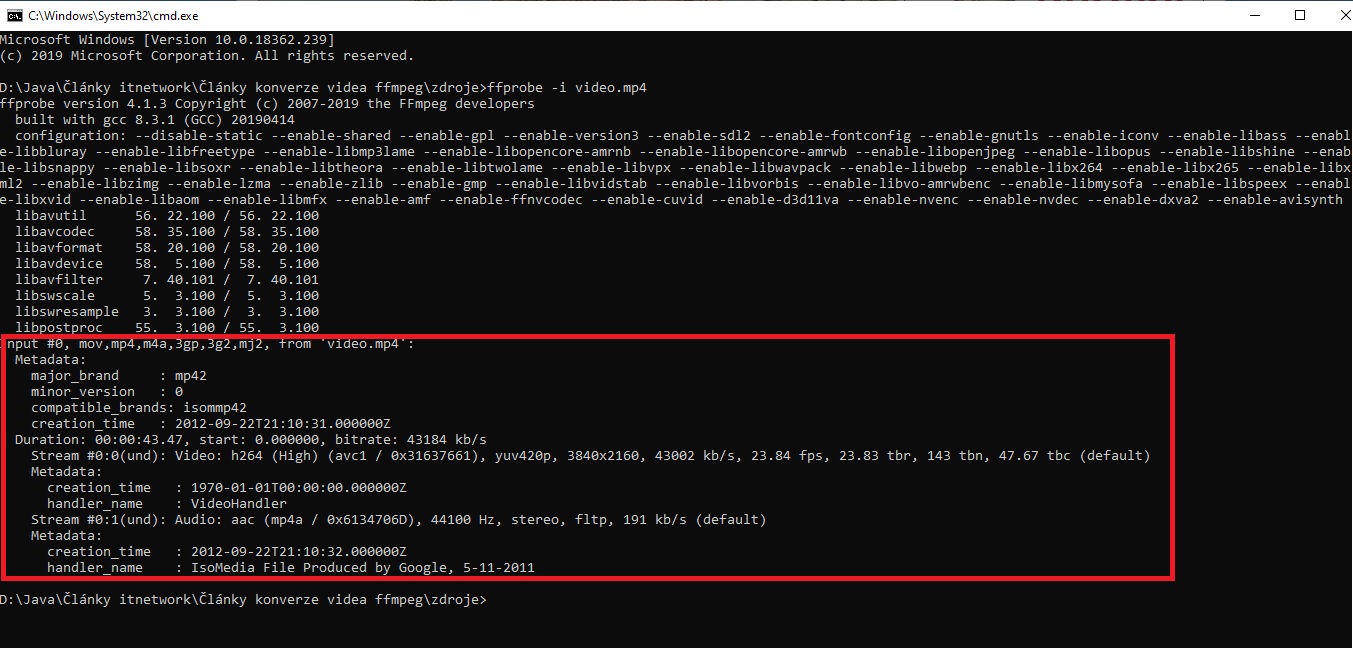 Výpis FFprobe z FFmpeg - Úprava audio a video súborov pomocou frameworku FFmpeg