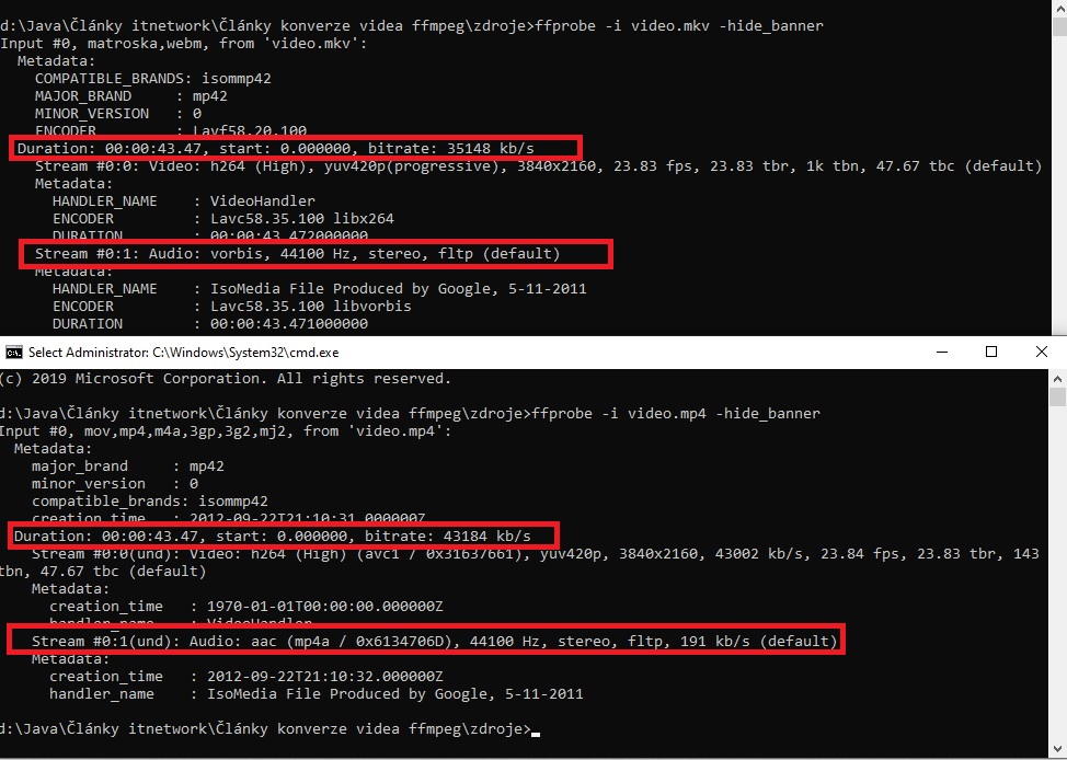 Porovnanie vstupu a výstupu - Úprava audio a video súborov pomocou frameworku FFmpeg