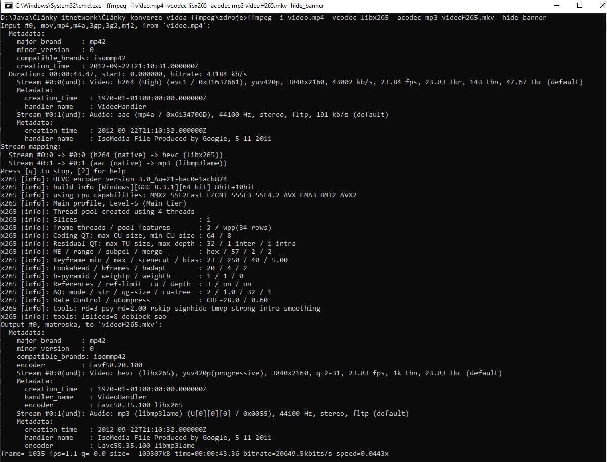 Konverzia videa do H265 a mp3 - Úprava audio a video súborov pomocou frameworku FFmpeg