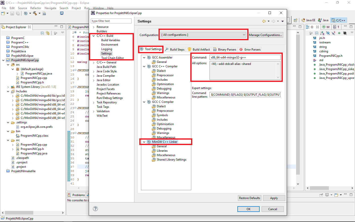 Nastavenie linker C ++ - JNI - Java Native Interface