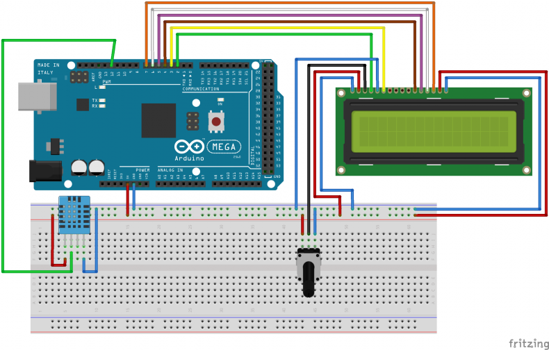 Schéma pre zapojenie display a snímače DHT11 - Arduino
