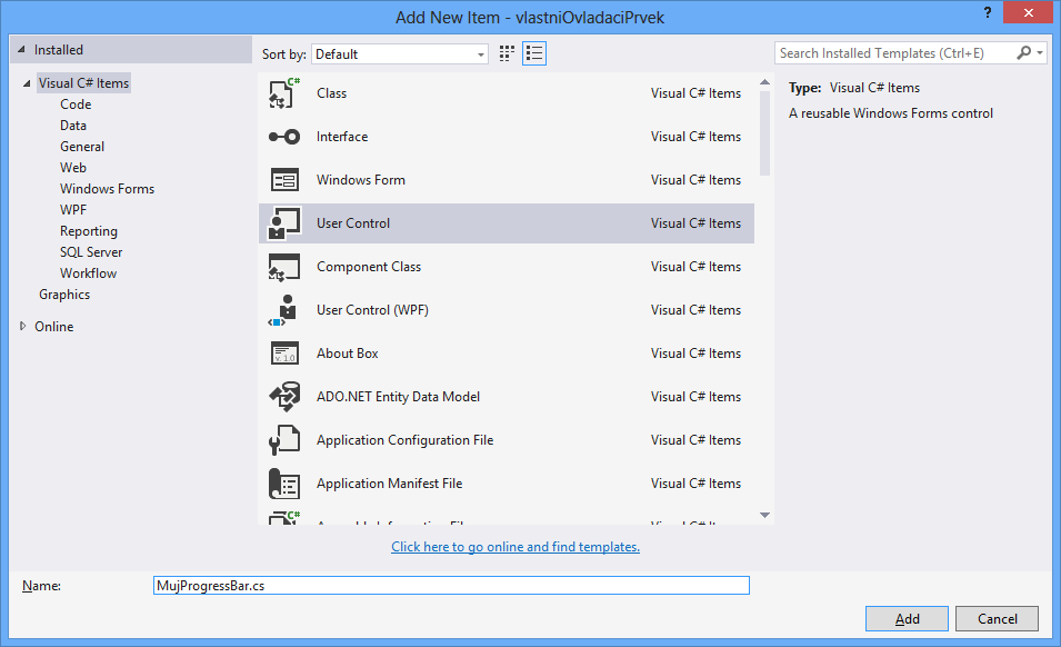 Add New Item – User Control - Okenné aplikácie v C # .NET vo Windows Forms