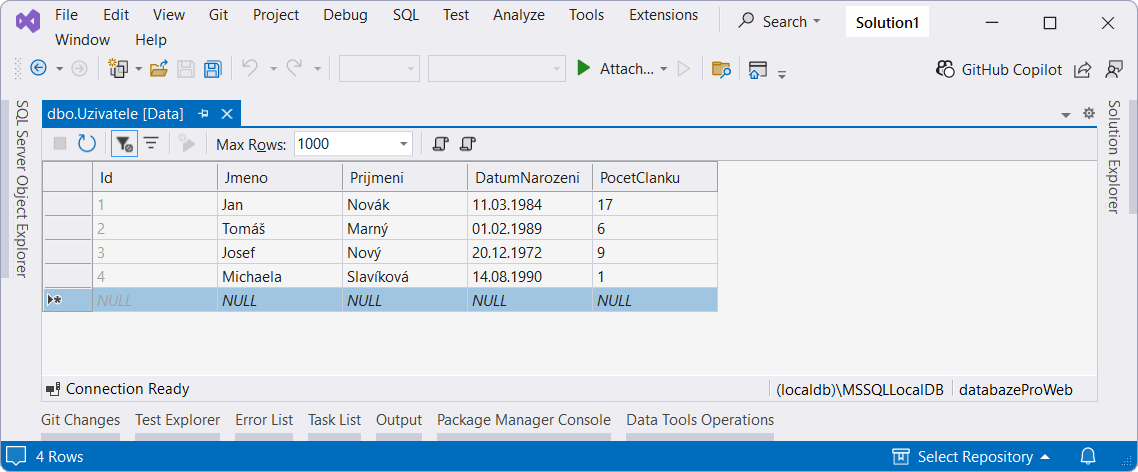 Naplnená tabuľka - MS-SQL databázy krok za krokom