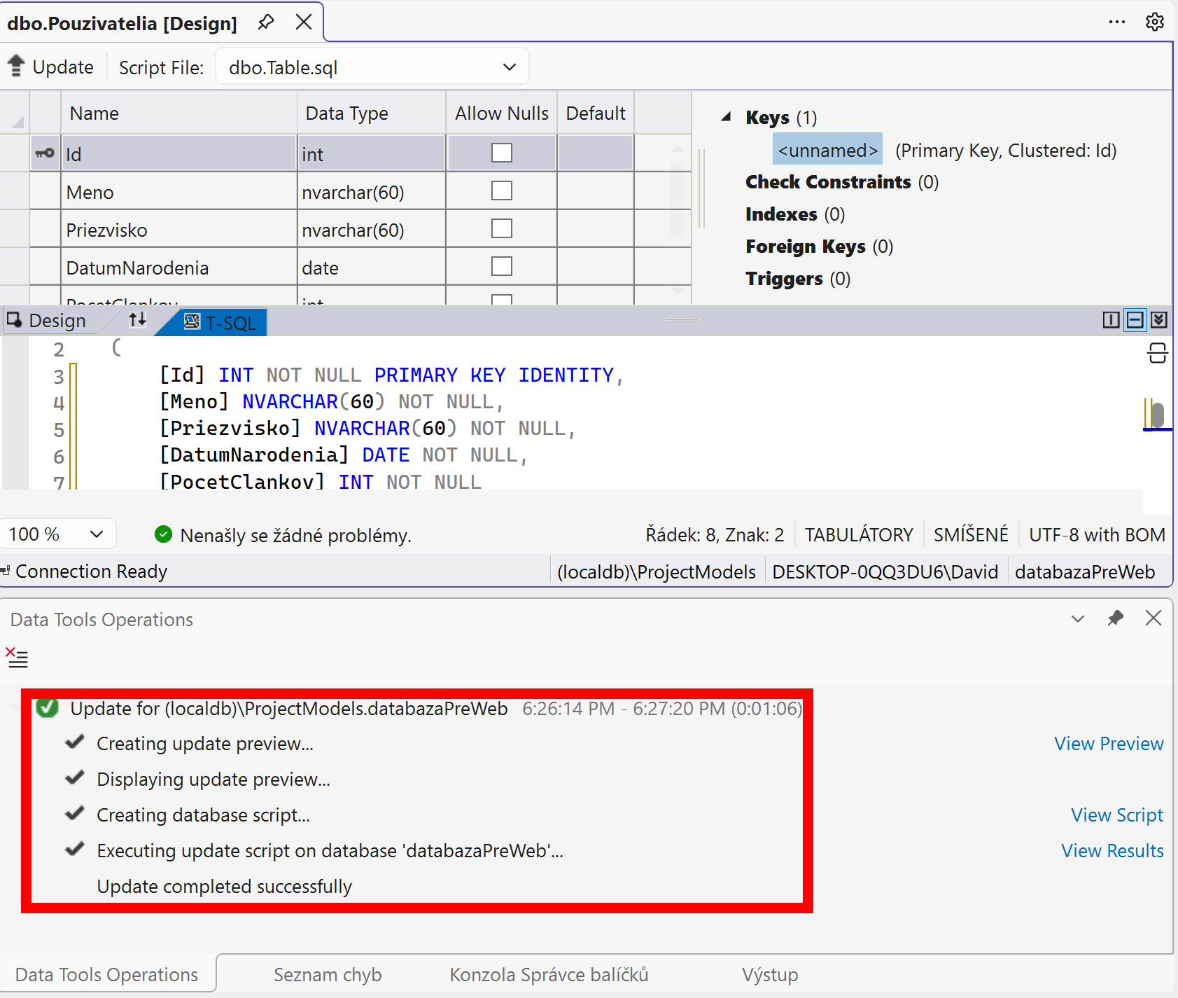 Okno Data Tools Operations - MS-SQL databázy krok za krokom
