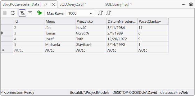 Naplnená tabuľka - MS-SQL databázy krok za krokom