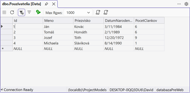 Naplnená tabuľka - MS-SQL databázy krok za krokom