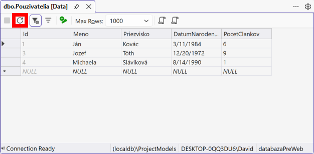 Tabuľka po odstránení záznamu - MS-SQL databázy krok za krokom