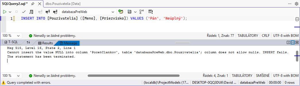 Chyba pri vkladaní NULL hodnôt - MS-SQL databázy krok za krokom