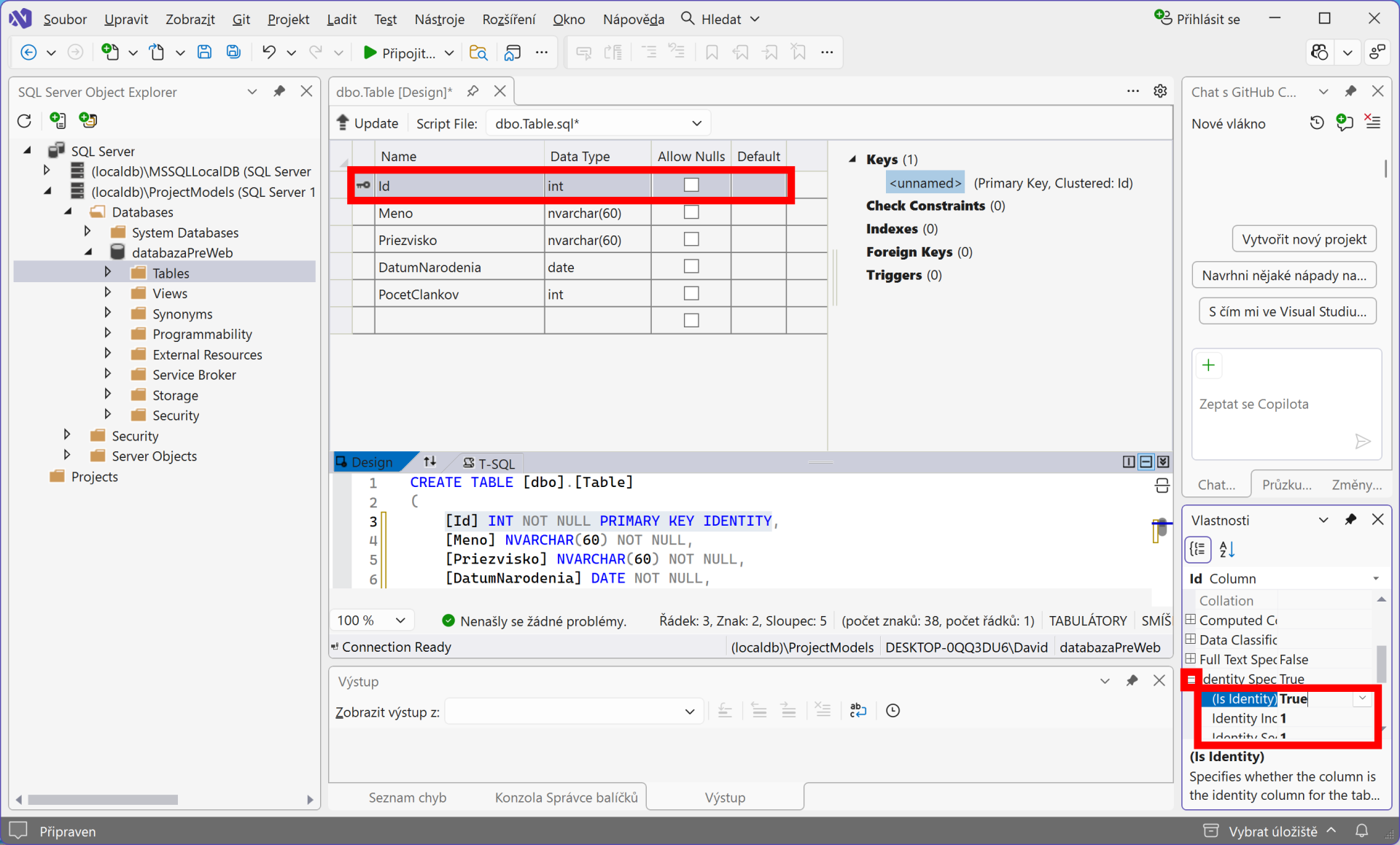 Identity v okne Properties - MS-SQL databázy krok za krokom
