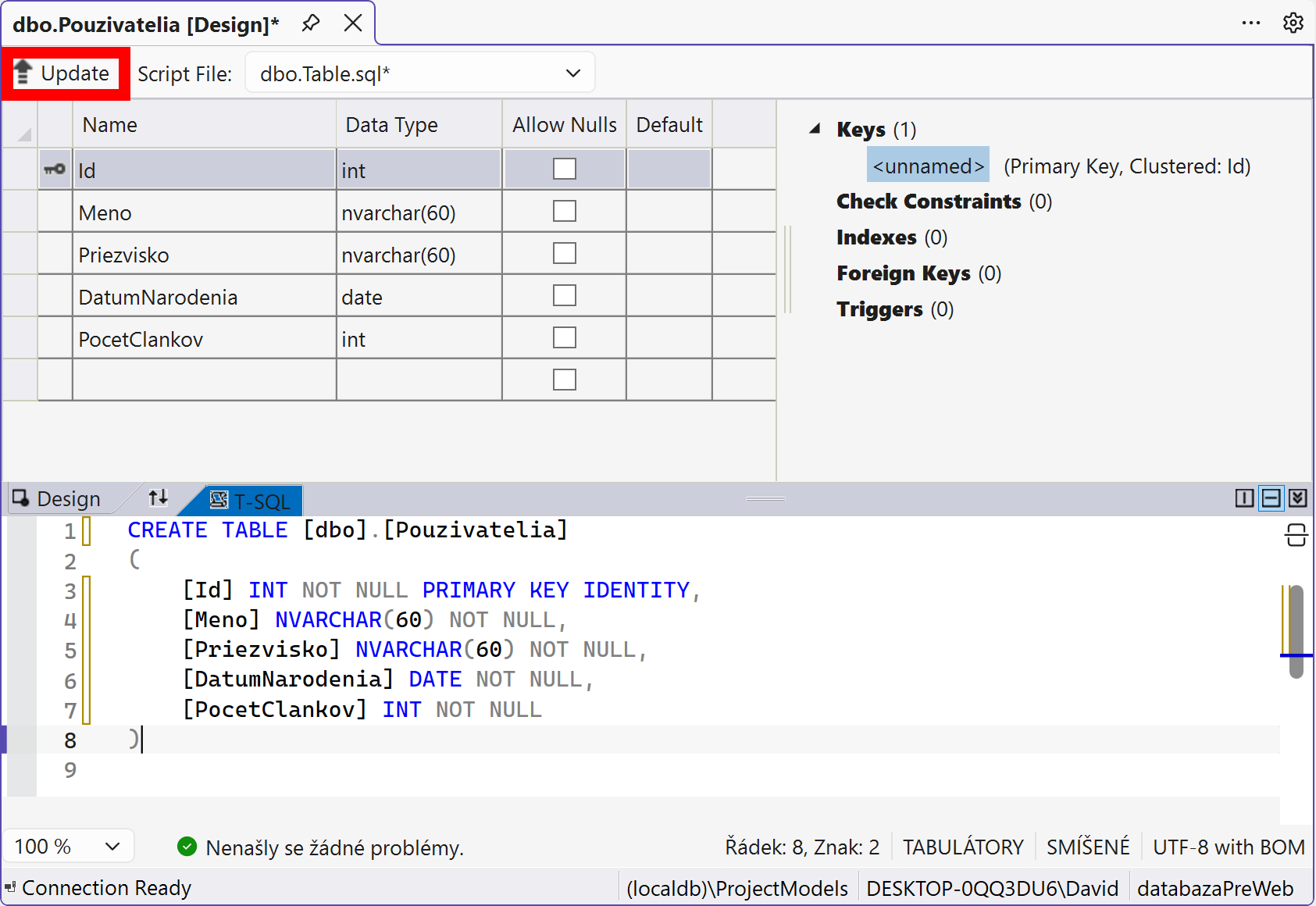 Tlačidlo Update - MS-SQL databázy krok za krokom