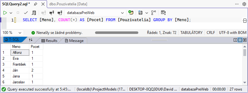 Použitie AS pri agregačnej funkcii COUNT v MS-SQL databáze - MS-SQL databázy krok za krokom