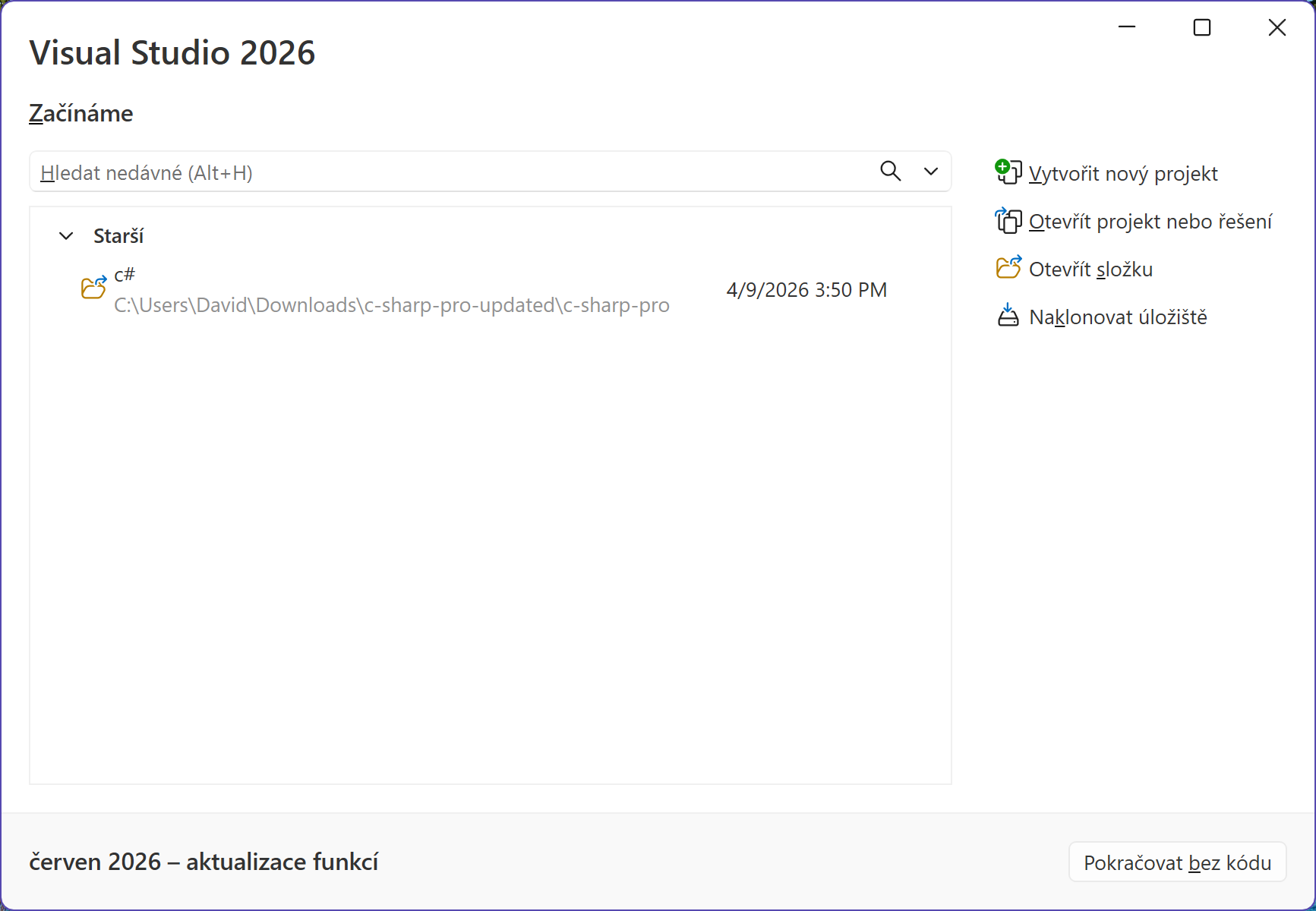 Úvodná obrazovka Visual Studia v češtine - MS-SQL databázy krok za krokom