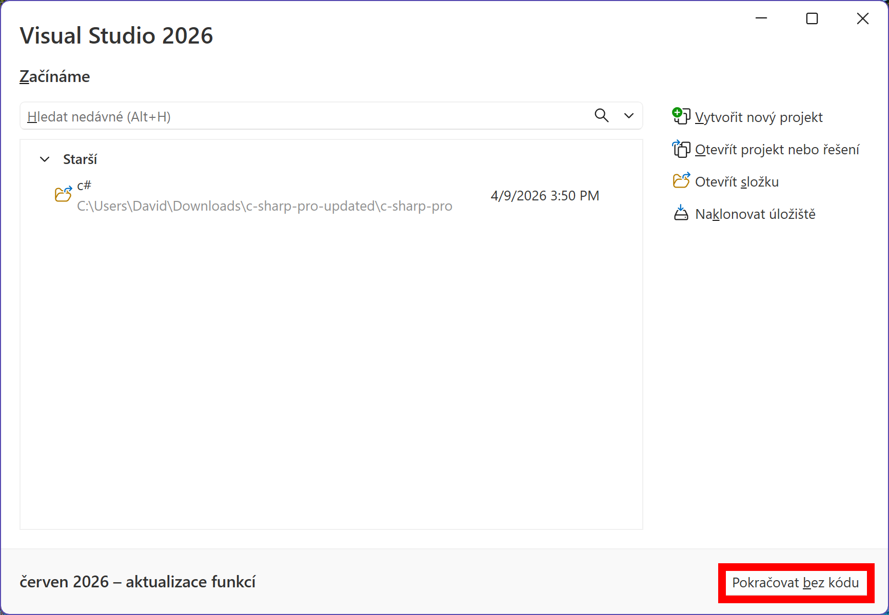 Úvodné okno Visual Studia - MS-SQL databázy krok za krokom